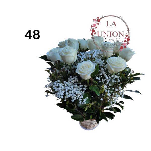 ­Hermoso arreglo en canasta con 12 de rosas  blancas,  acompañado de  follaje verde y  blanco   Altura del arreglo 50 cm 
