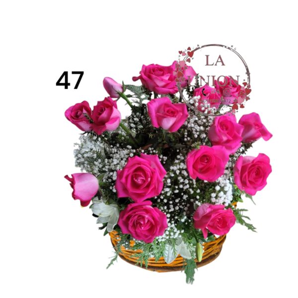 ­Hermoso arreglo en canasta con 15 de rosas  fucias,  acompañado de  follaje verde y  blanco   Altura del arreglo 50 cm 