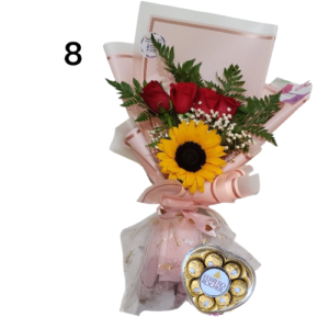 hermoso  ramo de mano con 1 girasol+4 rosas rojas +chocolate ferrero Rocher de 10 bombones con follaje verde y blanco