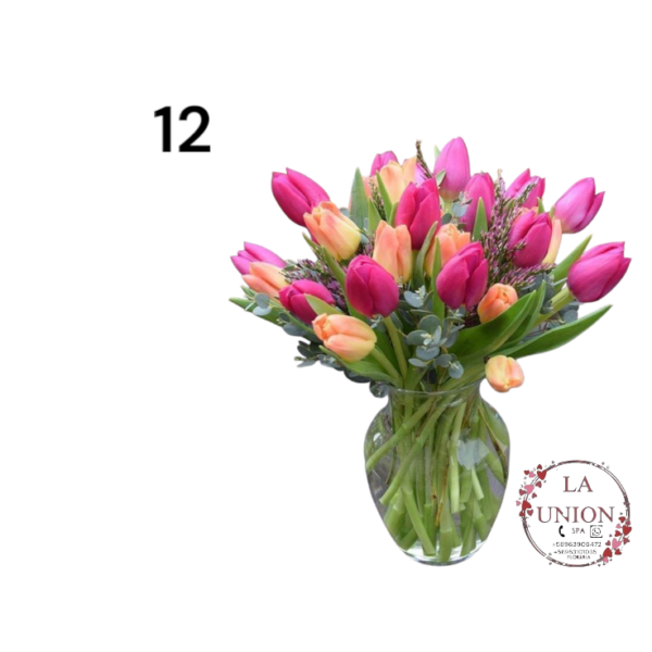 Hermoso Ramo de 25 tulipanes  en jarron  de vidrio, samaritano,