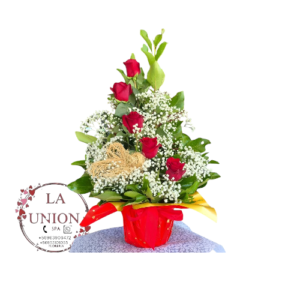 Hermoso arreglo con 5 lindas rosas 🌹 acompañado con follaje verde y blanco, elborado en masetero envuelto en  papel chino