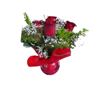pecera con 5 rosas rojas