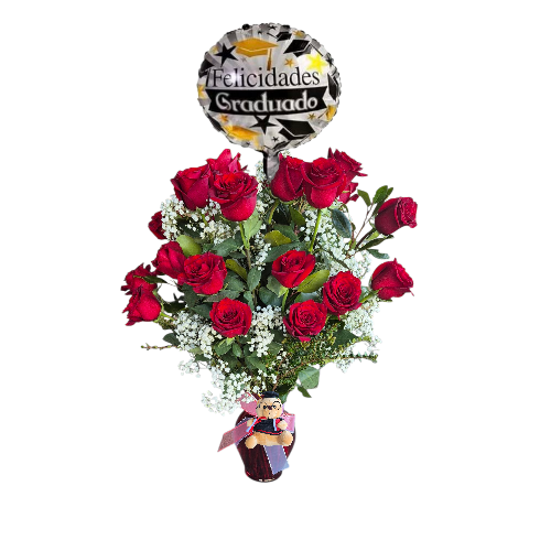 RAMO EN FLORERO CON 25 ROSAS + GLOBO