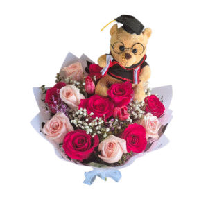 RAMO DE MANO DE 14 HERMOSAS FLORES + 1 PELUCHE DE 10CM