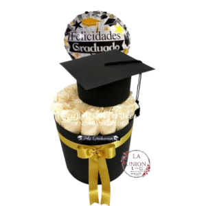 BOX CON 25 ROSAS BLANCAS + GORRO + GLOBO