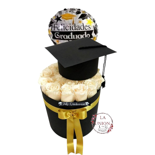 BOX CON 25 ROSAS BLANCAS + GORRO + GLOBO