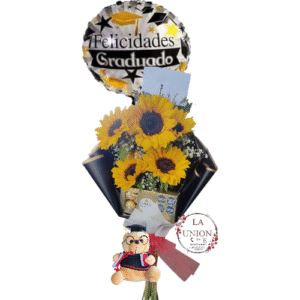 HERMOSO RAMO DE MANO CON 5 GIRASOLES+ PELUCHE +GLOBO +CHOCOLATE