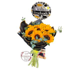 RAMO DE MANO CON 10 GIRASOLES + PELUCHE + GLOBO