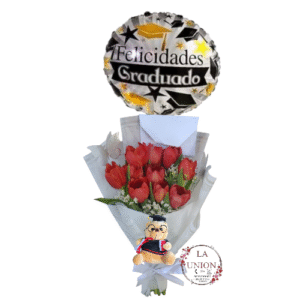 RAMO DE MANO CON 10 TULIPANES + PELUCHE +GLOBO