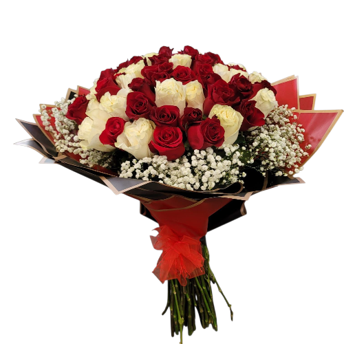 RAMO DE MANO CON 50 HERMOSAS ROSAS BLANCAS Y ROJAS