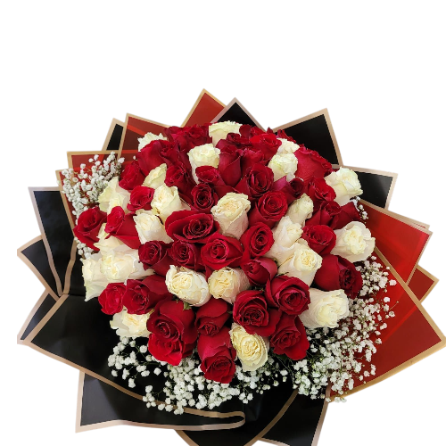 RAMO DE MANO CON 50 HERMOSAS ROSAS BLANCAS Y ROJAS - Imagen 2