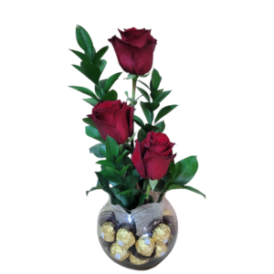 hermosa pecera 16 chocolates + 3 rosas