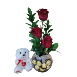 hermosa  pecera 3 rosas  + chocolates + peluche