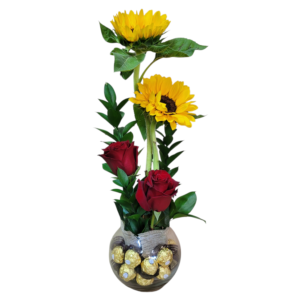 hermosa pecera +16 chocolates + 2 girasoles + 2 rosas